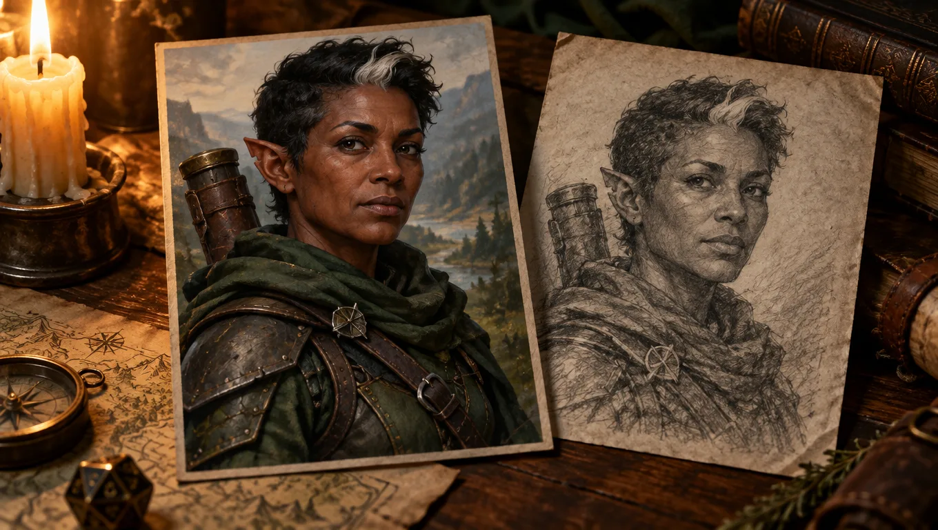 A recurring D&D NPC portrait shown beside an older sketch and a new campaign note