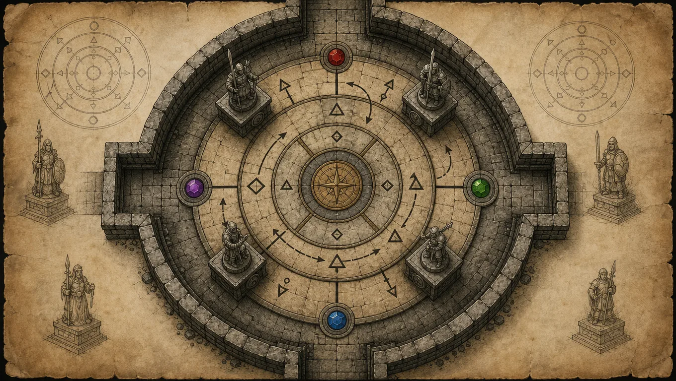 Top-down fantasy dungeon puzzle apparatus map showing a circular room, rotating rings, statue plinths, gem sockets, and simple path symbols