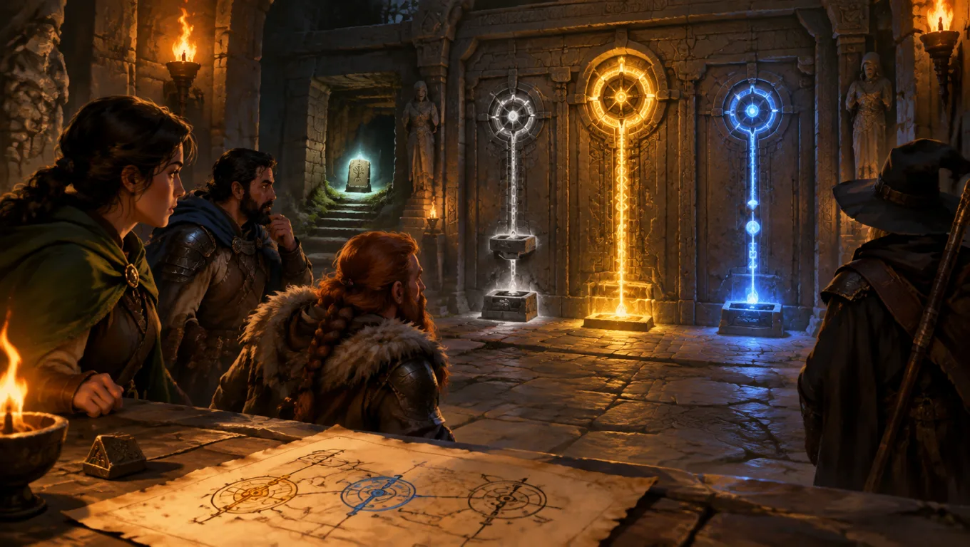 A D&D party studies an ancient puzzle door with three glowing solution paths, showing fair progress and safe failure