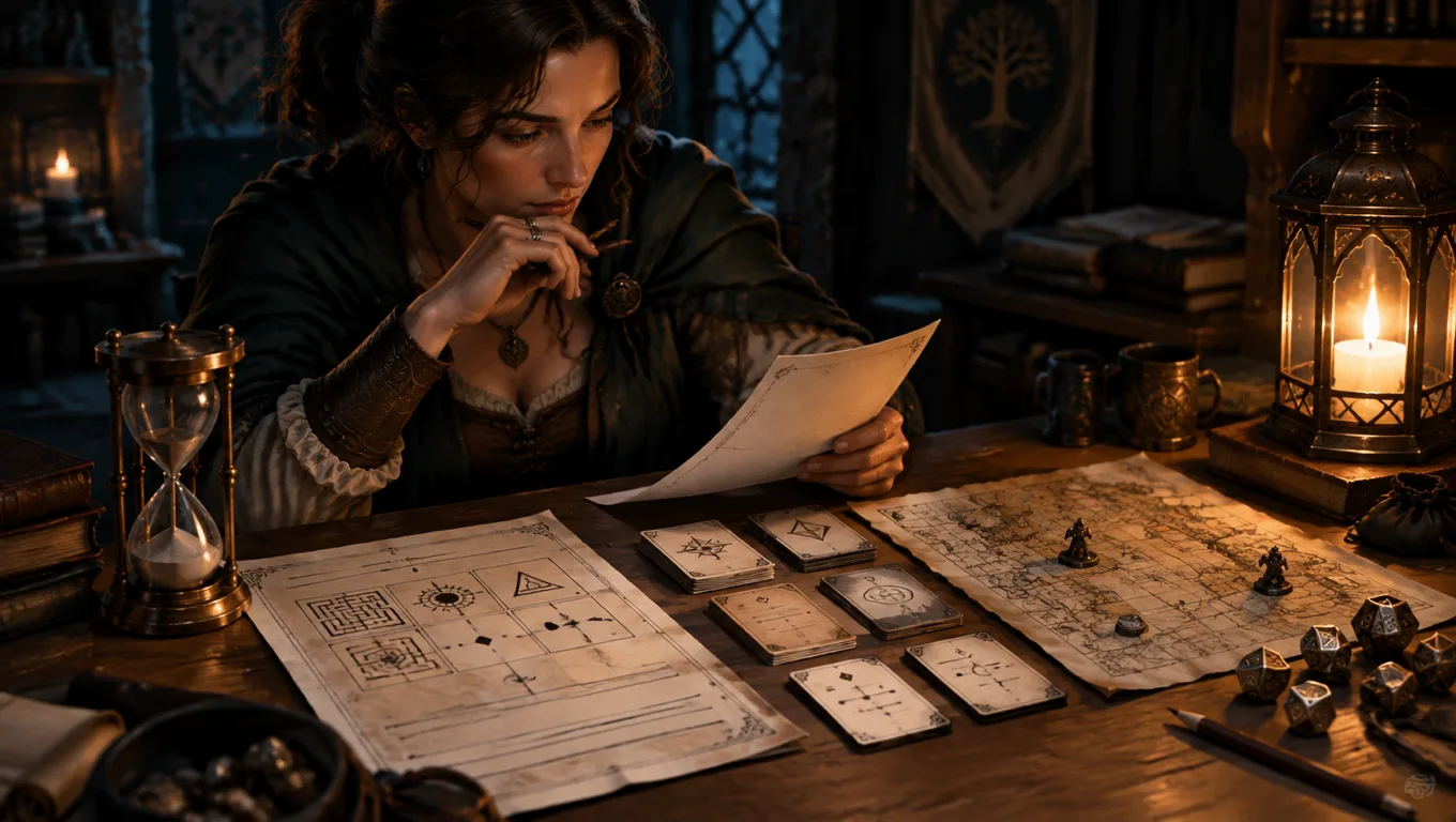 A Dungeon Master checks a puzzle handout, answer cards, a map and an hourglass before a D&D session