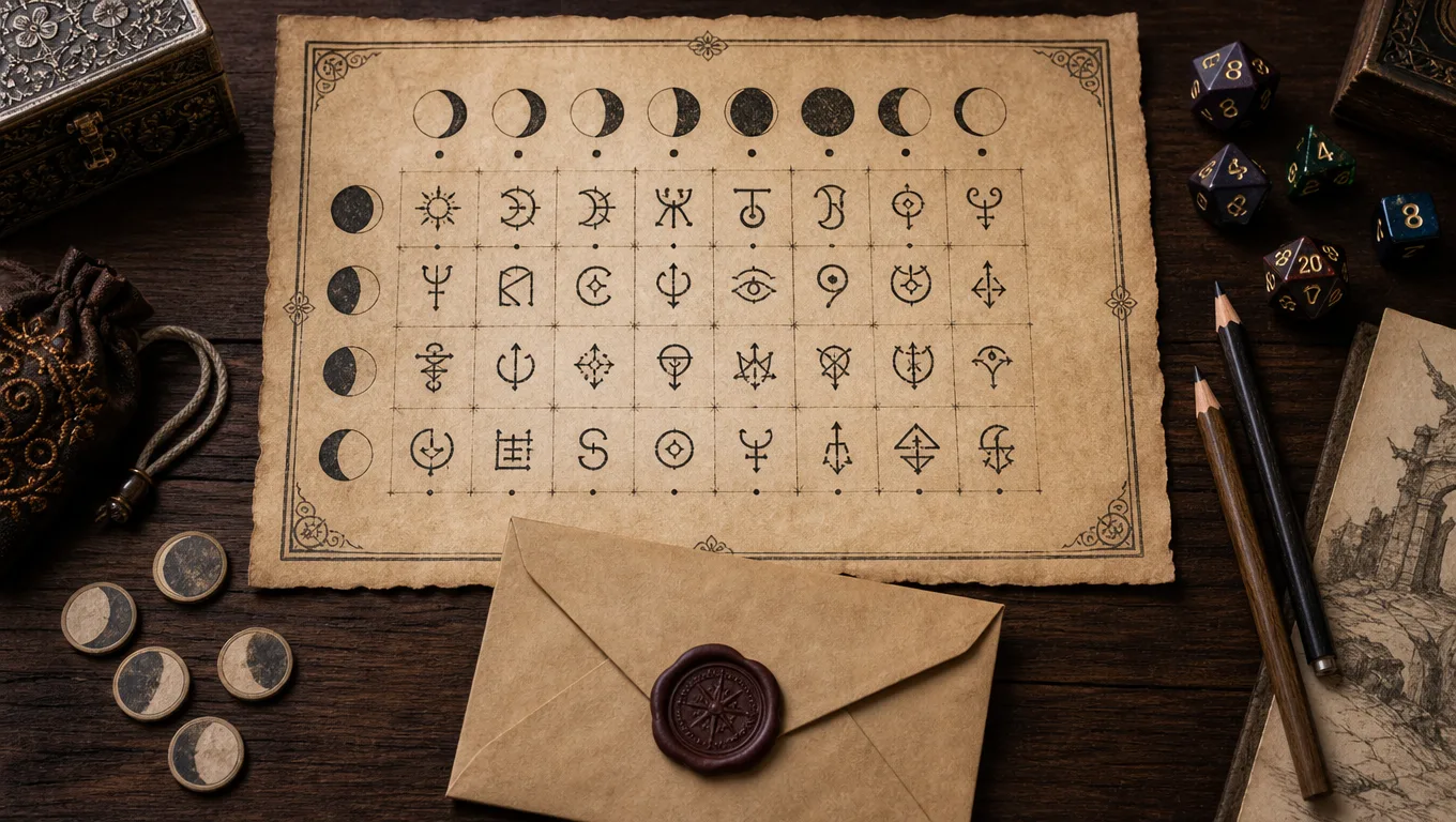 Fantasy RPG puzzle handout scene with symbolic parchment, moon tokens, a sealed answer envelope, dice, and pencils