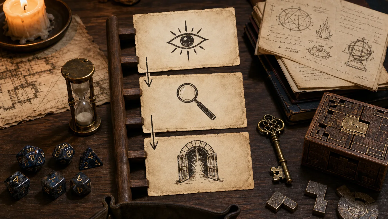 Editorial tabletop RPG hint ladder workflow with clue cards, dice, arcana notes, an hourglass, brass key, and puzzle components