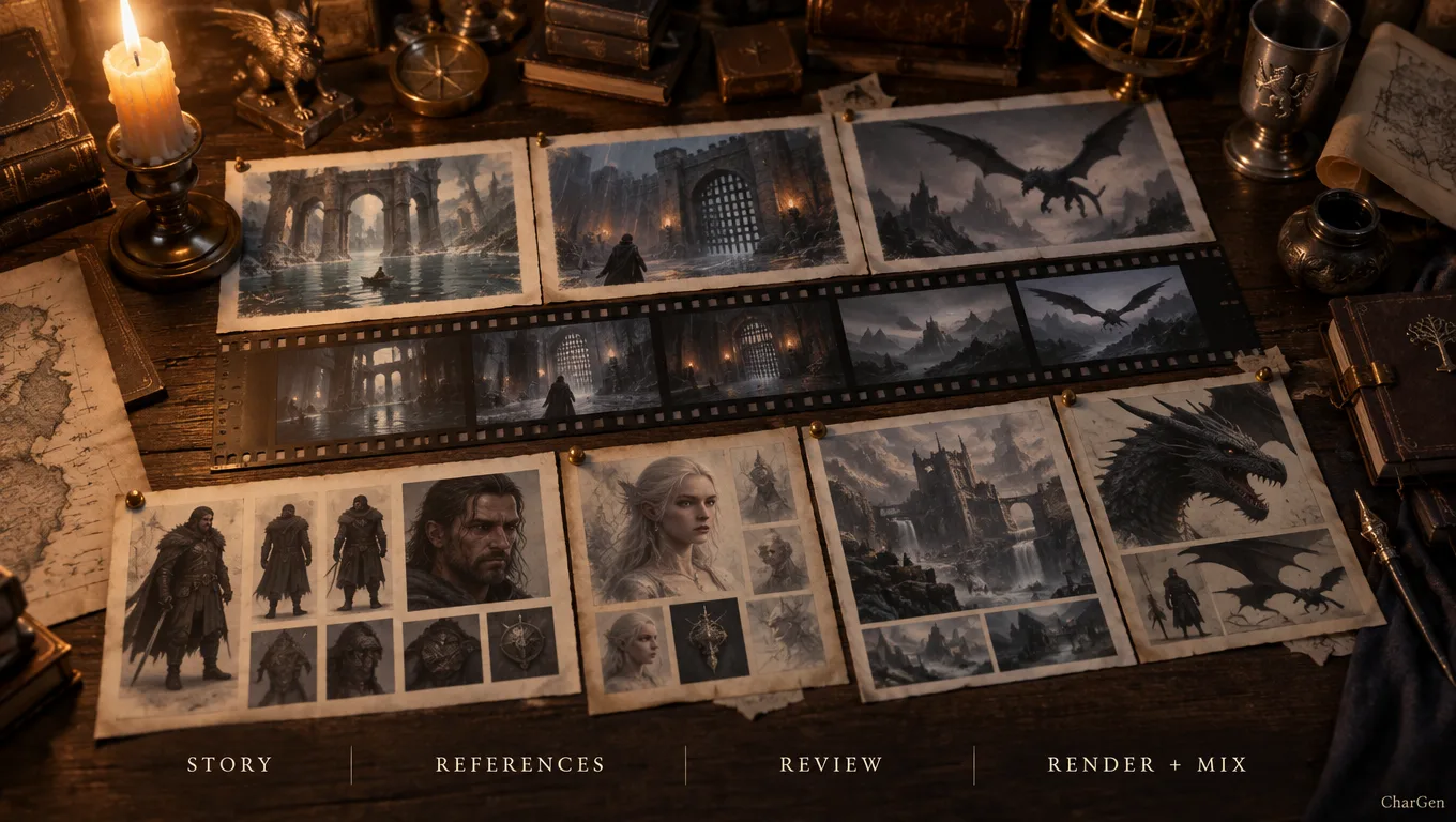 Director's Table layout showing storyboard cards, a film strip and character reference sheets across the four production stages