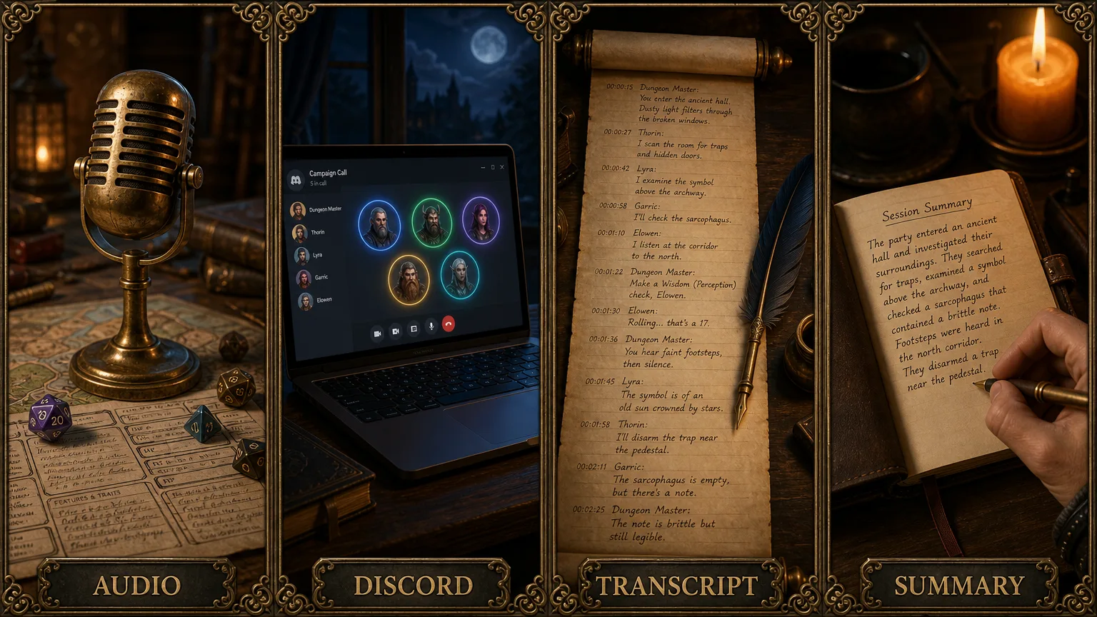 A four-panel illustrated strip showing the four session input modes: a microphone recording a game table, a Discord voice call on a laptop, a pasted text transcript on parchment, and a hand writing a short summary in a journal