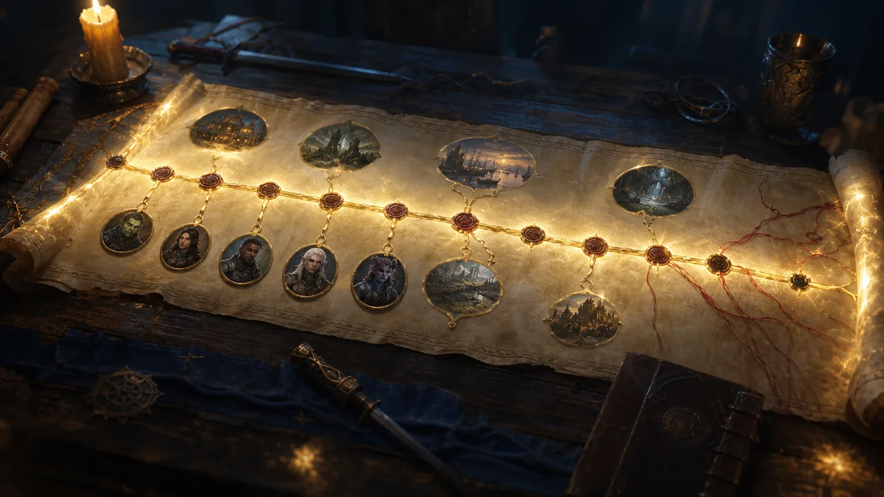 An illustrated fantasy campaign timeline stretching across a table like a glowing map scroll, with session markers, small NPC portraits, linked locations and branching quest threads