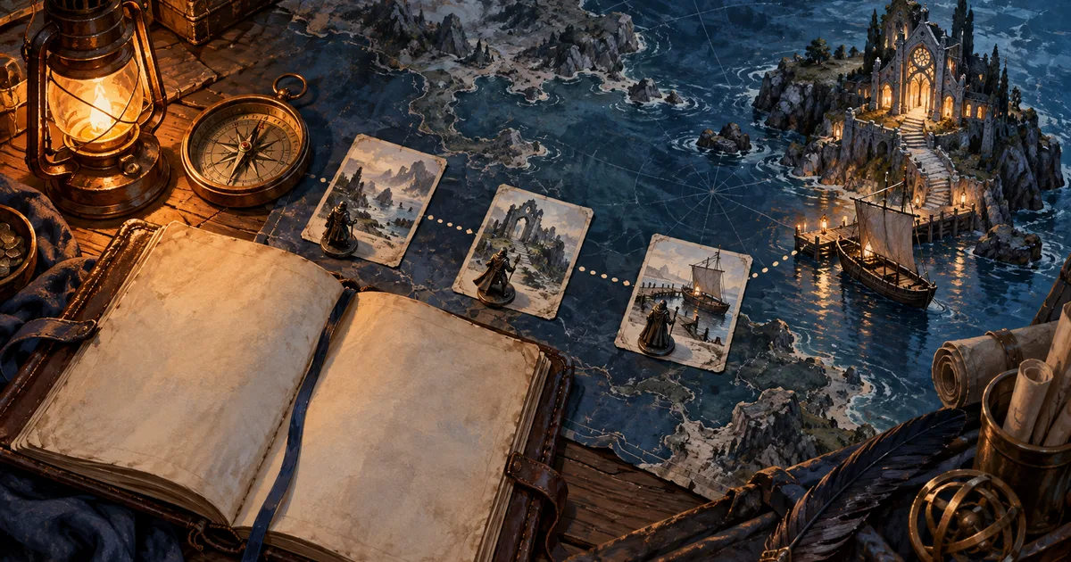 D&D session planning desk with recap notes, branching scene cards and a tidal chapel map