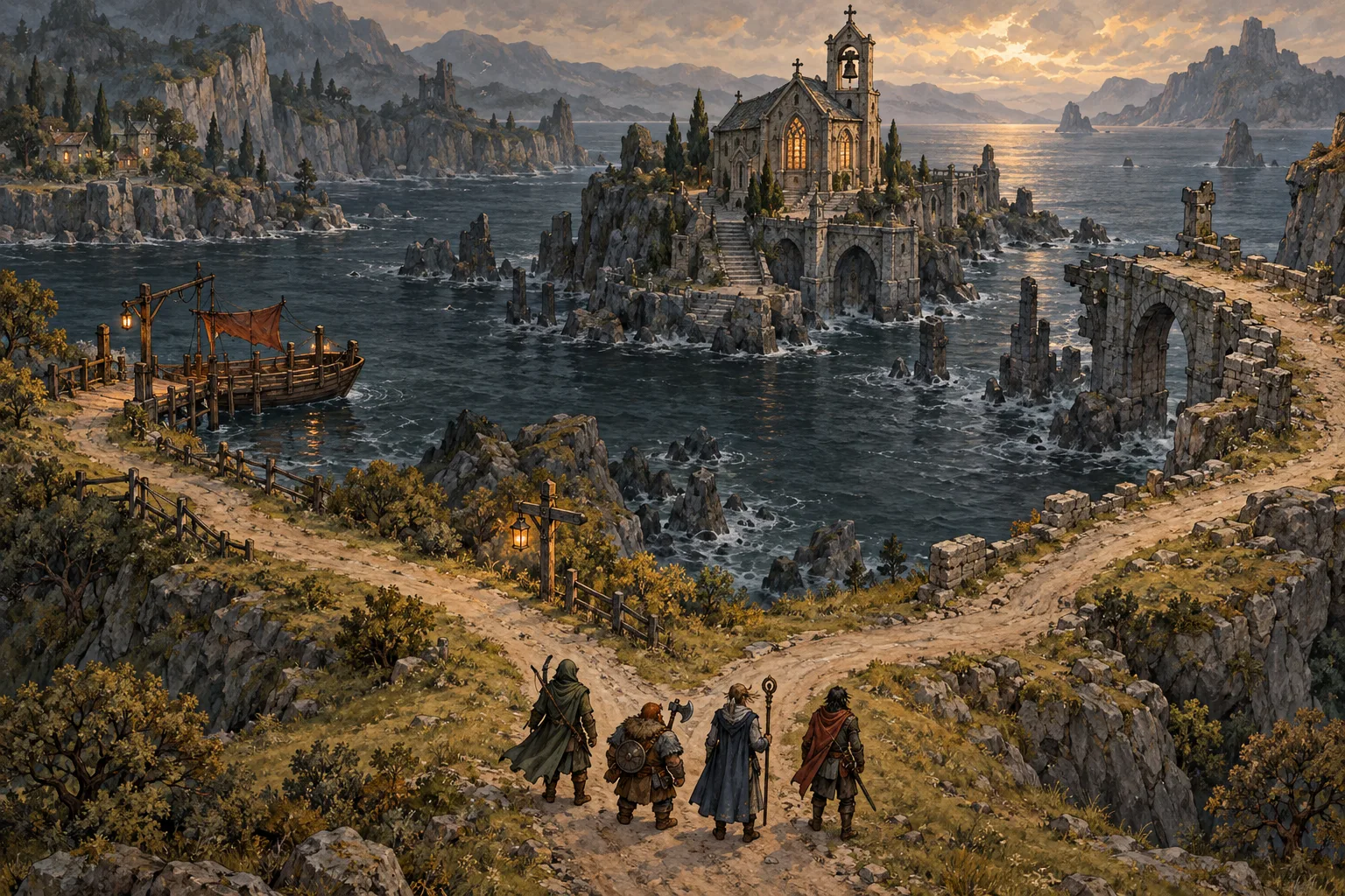 A tidal chapel map with a broken bridge, a ferry crossing and two possible routes for an adventuring party