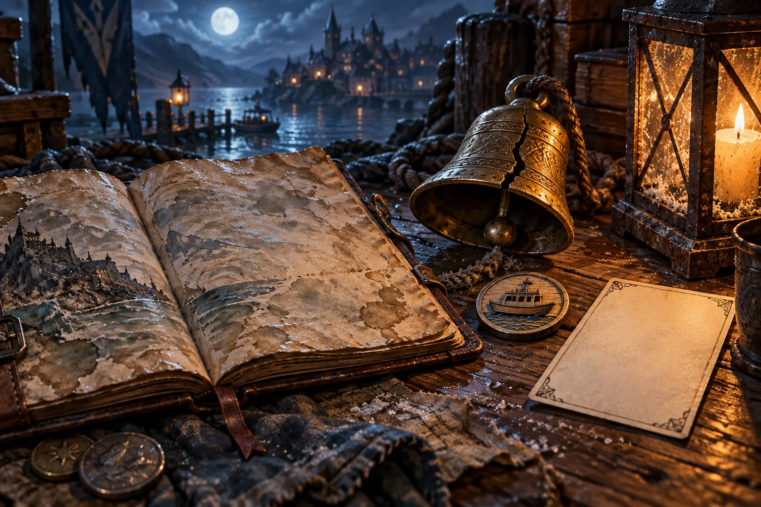 A cracked bell, a ferry token and an open recap notebook beside a blank scene card