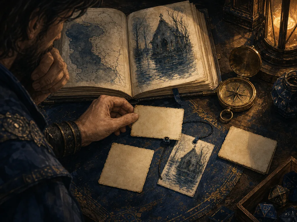 A Dungeon Master reviewing three blank idea cards beside a campaign journal and a brass compass