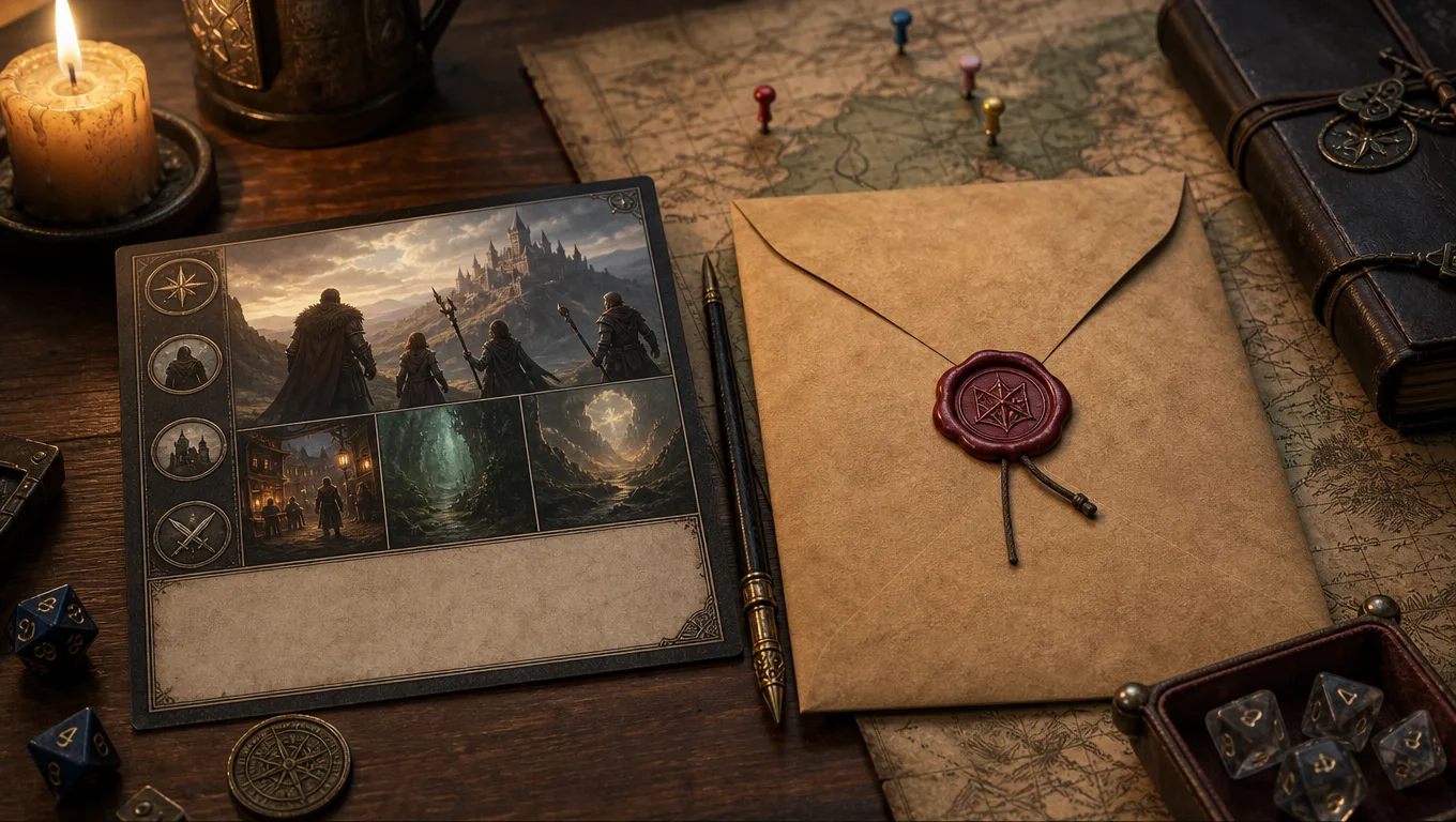 Fantasy tabletop RPG workflow image showing a spoiler-free player recap card beside a sealed DM notes envelope, wax seal, dice, map pins, and campaign journal