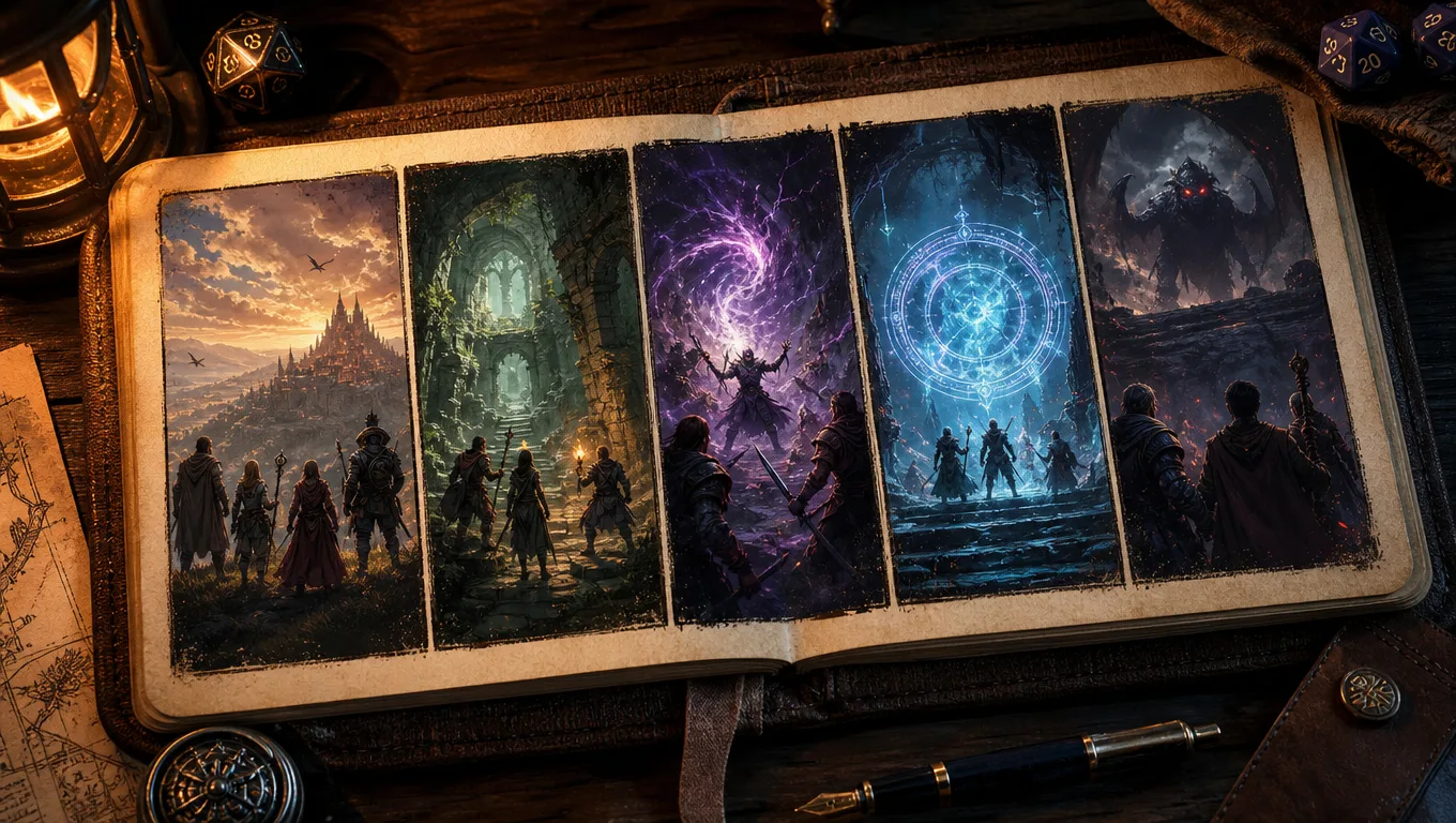 Cinematic tabletop RPG session storyboard visual, five illustrated panels laid across a campaign notebook, showing key moments from an adventure recap with character silhouettes, ruins, magic, and a final cliffhanger
