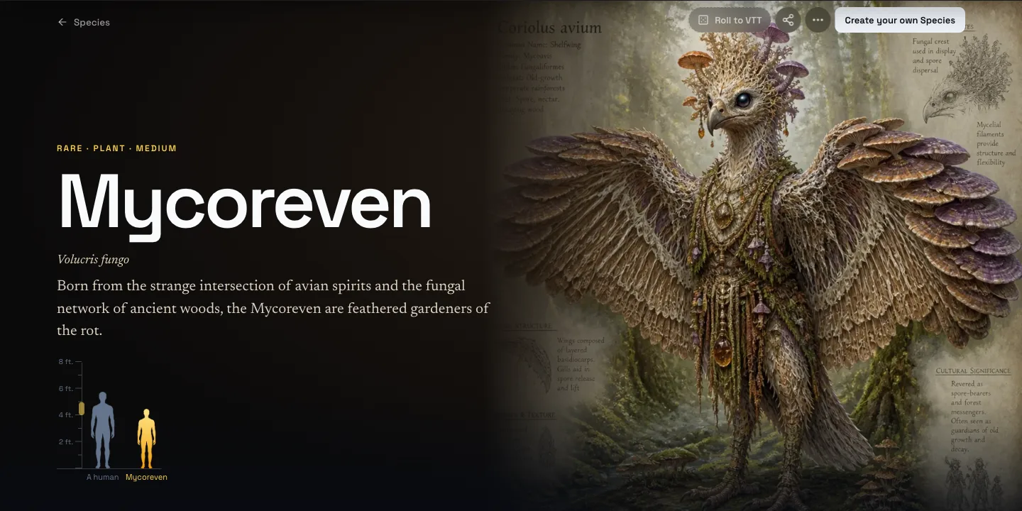 Public CharGen species page for Mycoreven, showing its name, classification, artwork, and trait tabs