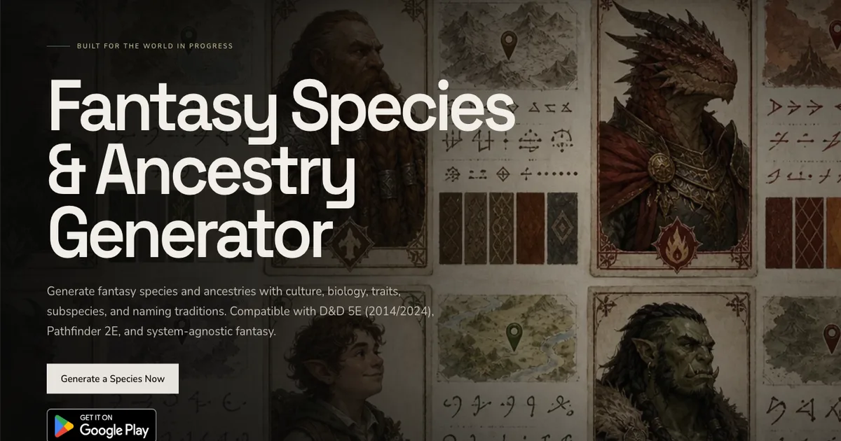 CharGen fantasy species generator landing page with illustrated species studies and a generator link