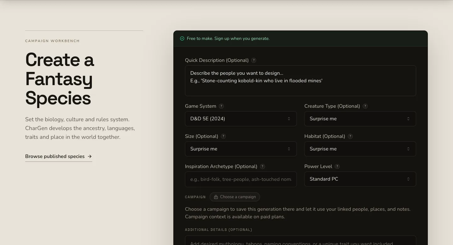 CharGen Species Generator form showing game system, habitat, power level, and extra details for a homebrew species