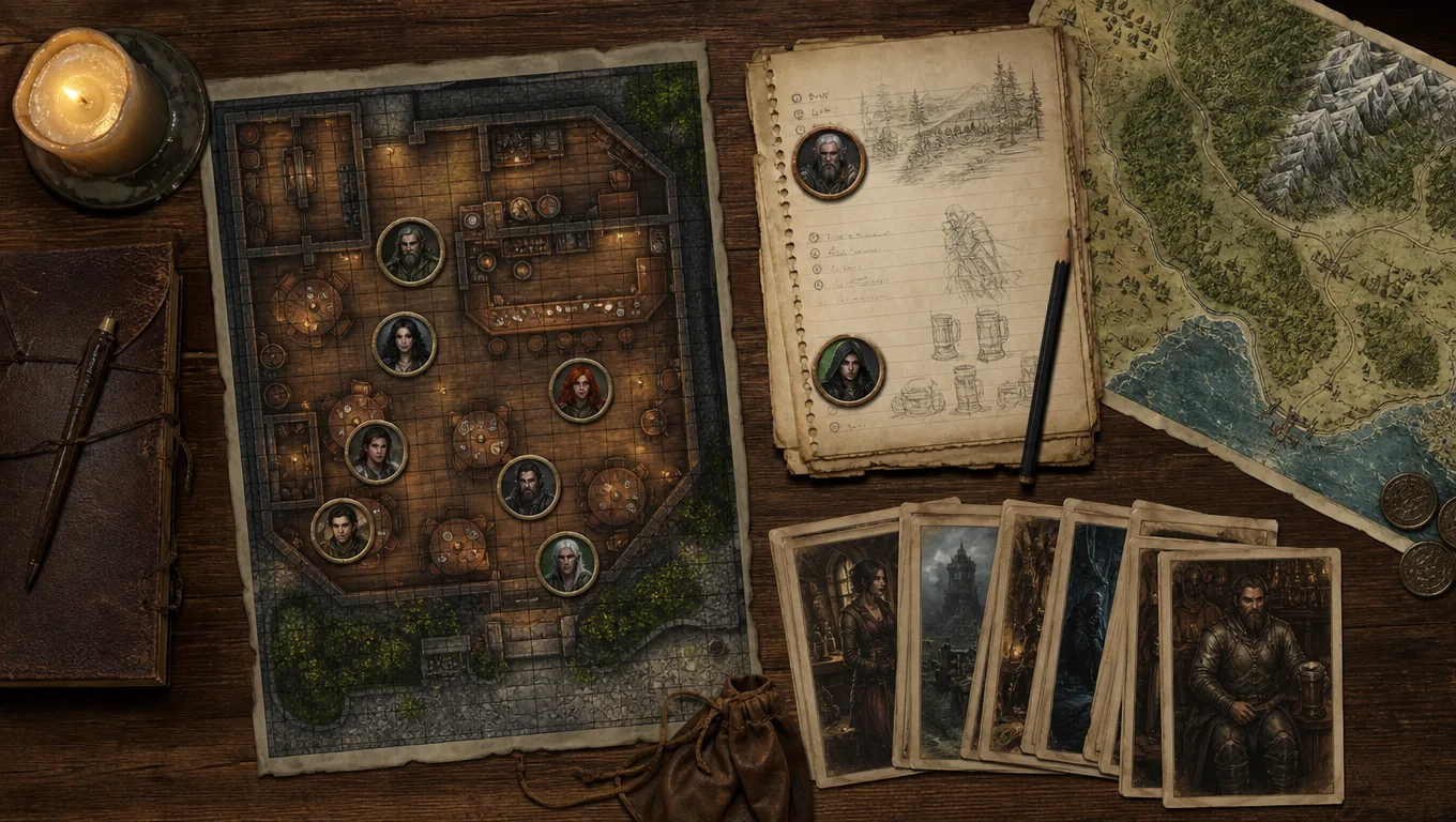 D&D tavern generator VTT handoff image with top-down tavern plan, circular NPC tokens, recap notes, regional map, and handout cards