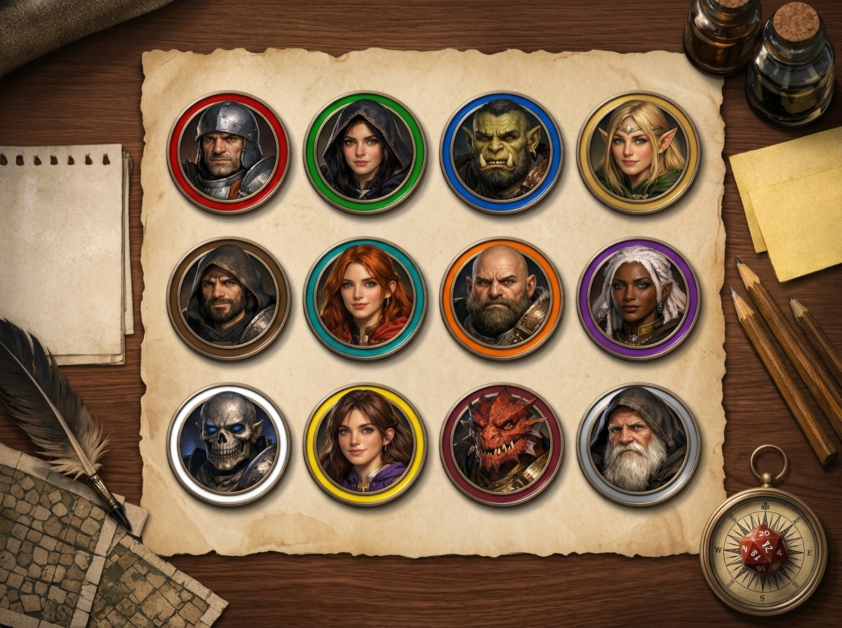 D&D token maker examples showing portrait art alongside matching VTT-ready character tokens for recurring NPCs