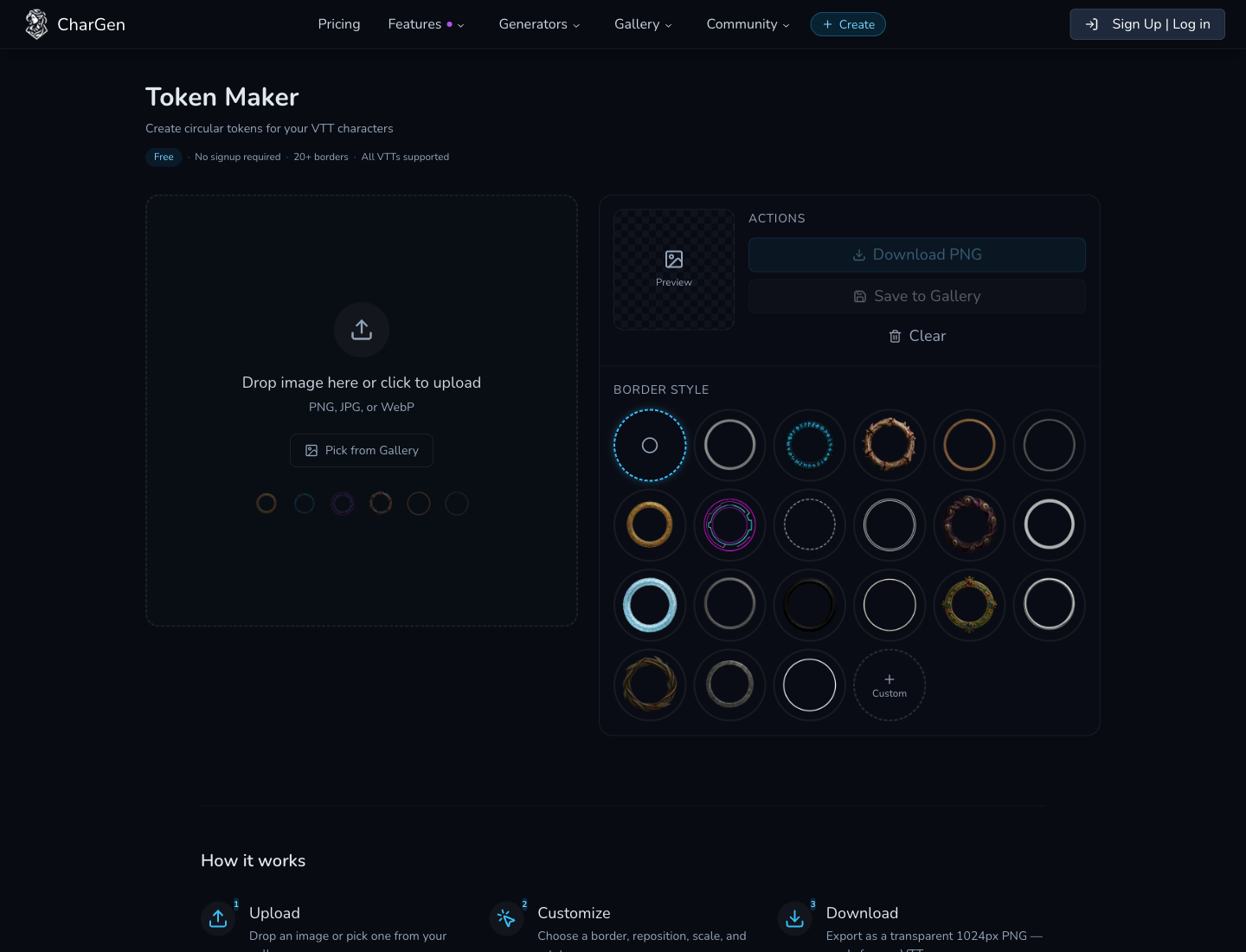 CharGen Token Maker workspace with portrait upload, crop controls, border style options, and finished VTT token preview