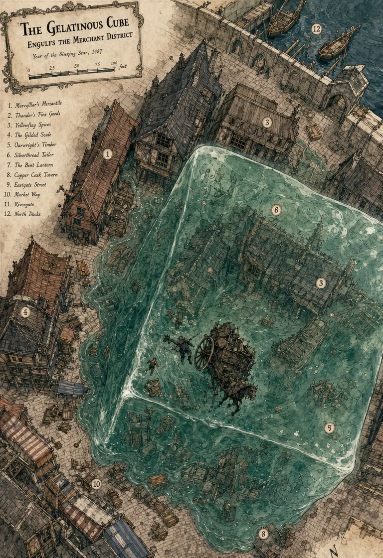 CharGen town map of a harbour merchant district with a numbered key of twelve shops and streets, a scale bar in feet, docks at the top and a giant translucent gelatinous cube swallowing the market square