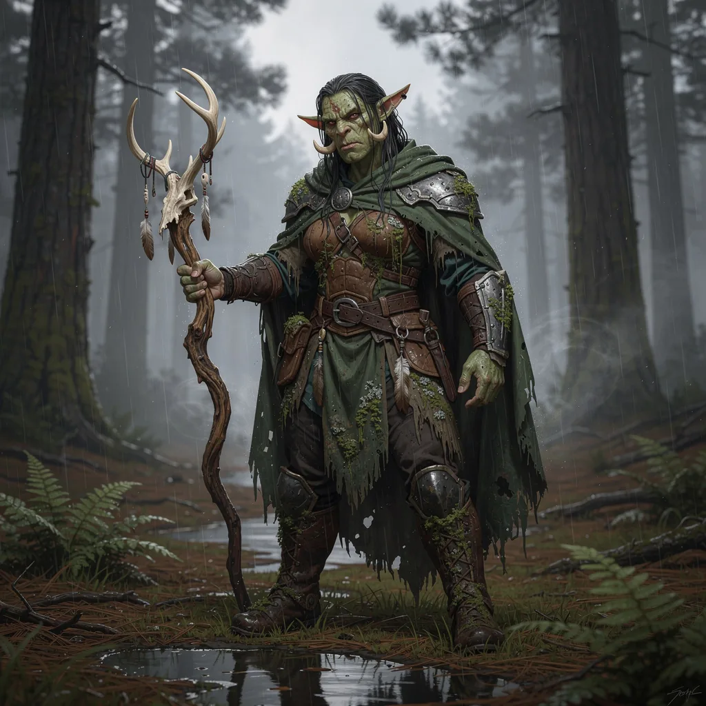 Half-orc druid in a rain-soaked pine forest with an antlered skull staff, generated with Flux 2 Pro