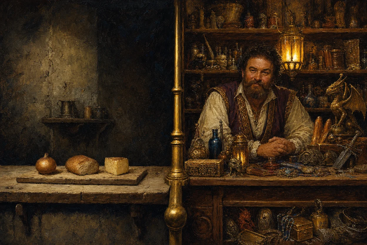 A market counter divided by a brass rail showing two contrasting shops, left side: a sparse stall with three plain items on a rough wooden board; right side: a richly stocked shelving wall with portrait of the shopkeeper, named inventory cards, and lantern light