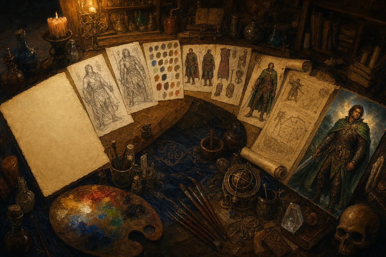 A magical character-design loop, a blank canvas at one end, a fully painted hero portrait at the other, with sketches, colour-swatches, costume designs, and stat scrolls floating between them in a curving arrangement on an alchemist's workbench