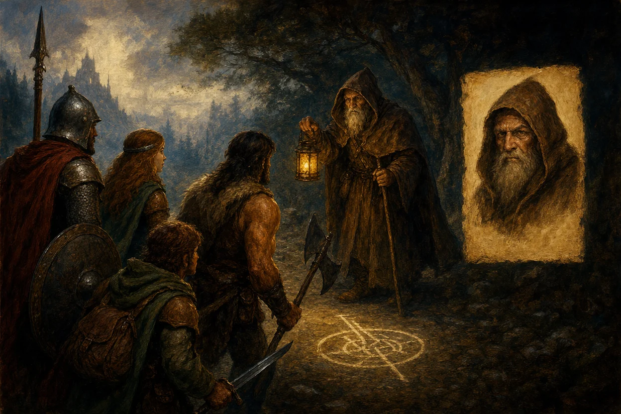 A roadside encounter in a misty forest, a player party meeting a hooded NPC with a lantern, the NPC's portrait card floating beside them with calligraphic name and motivation, and a glowing rune marking the conversation