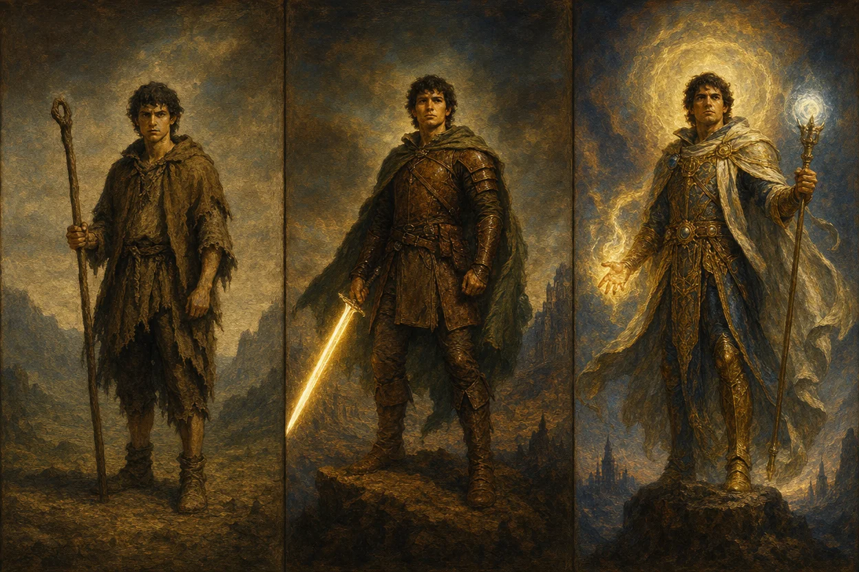 A triptych of the same hero across three levels, left: ragged novice with a wooden staff; centre: confident adventurer in leather armour with a glowing weapon; right: legendary champion in mythic regalia with arcane light, all painted in matching style on aged canvas