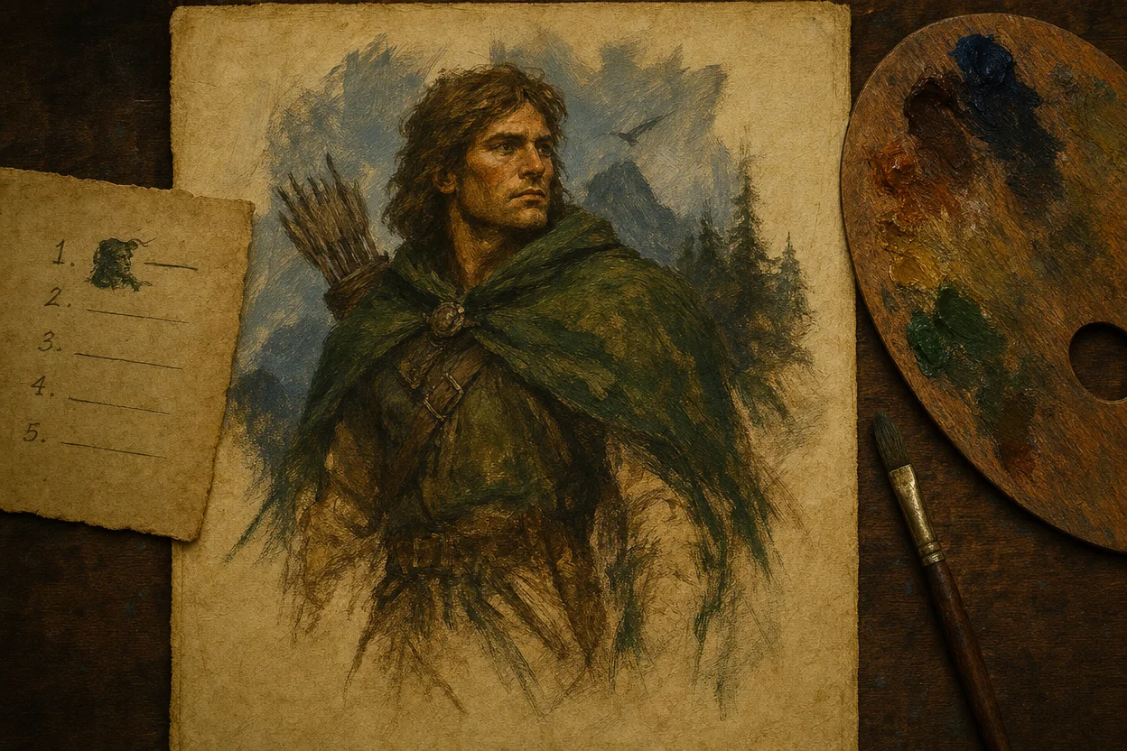 A simple first-attempt fantasy portrait sketch on parchment, a human ranger in a green cloak, lightly painted, with a small numbered checklist beside the canvas indicating step one, surrounded by an empty palette and a single brush