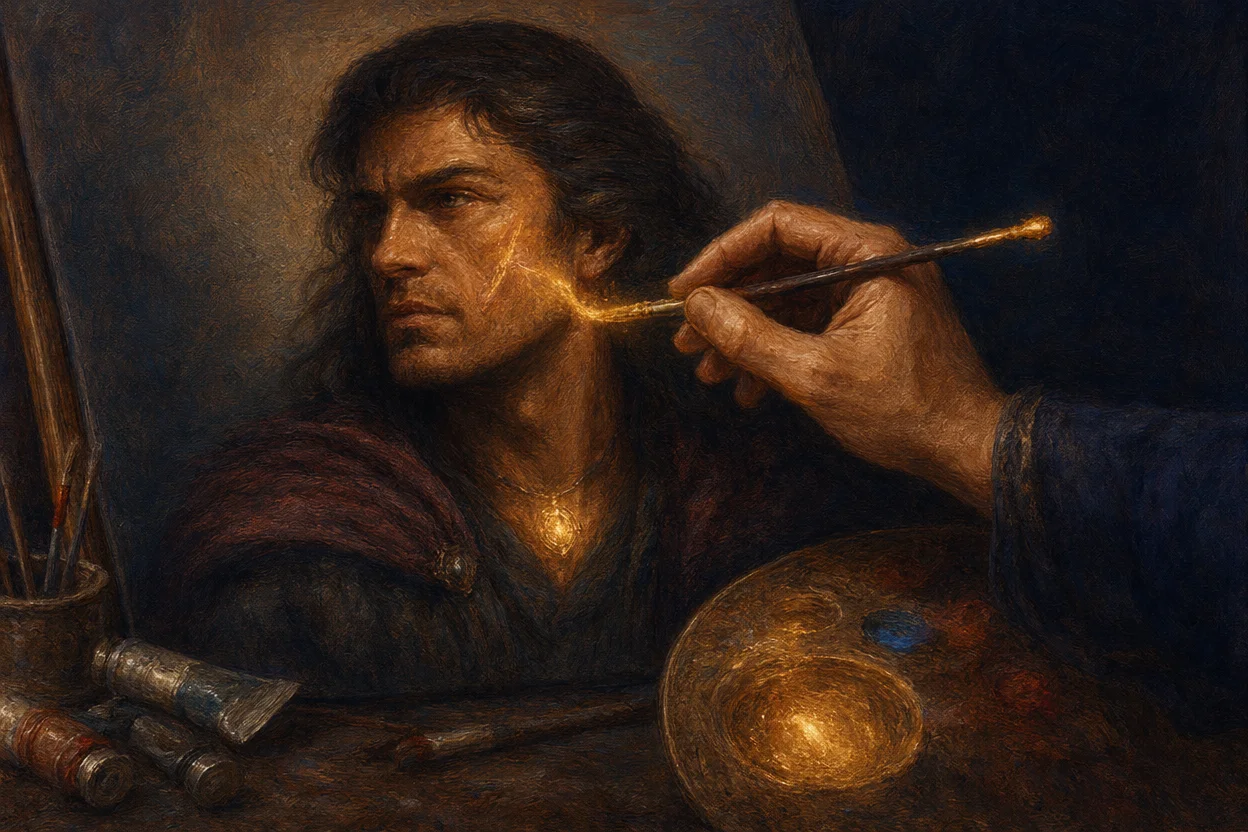 An artist's hand using a glowing brush to add details to an already-finished character portrait, a fresh scar on the cheek, a small pendant added at the throat, the new details glowing faintly with magical pigment, paint tubes and an enchanter's palette nearby