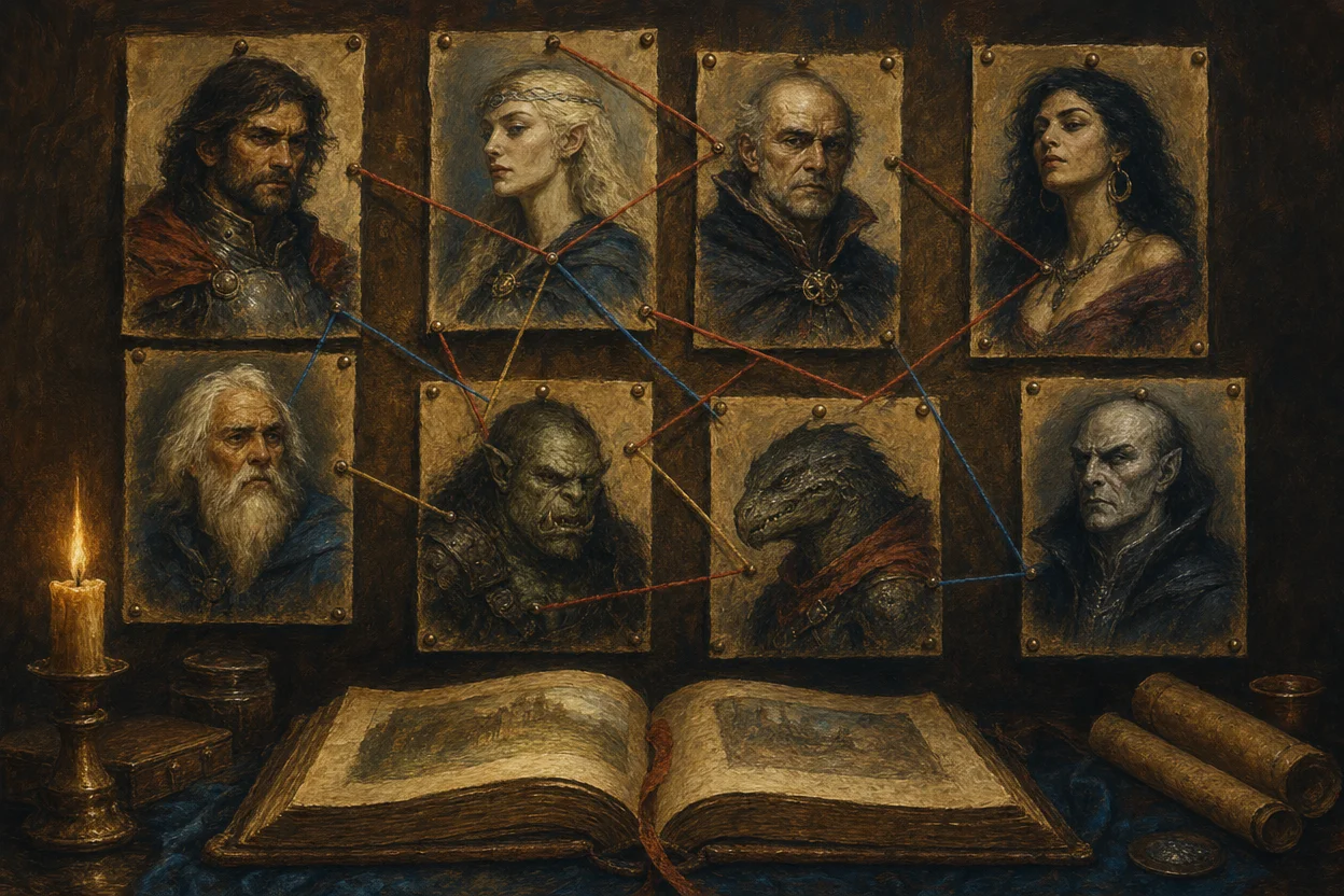 A wall of pinned character portraits in a campaign workshop, eight oil-painted busts of heroes, NPCs, and monsters, all in matching artistic style, with coloured threads connecting them indicating relationships and a leather campaign journal open below