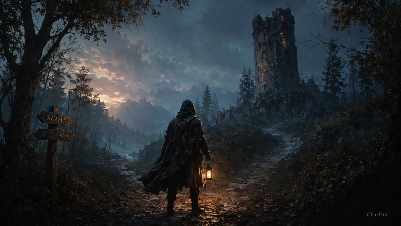 A lone hooded adventurer at a misty crossroads before a ruined watchtower, the kind of scene an AI game master narrates