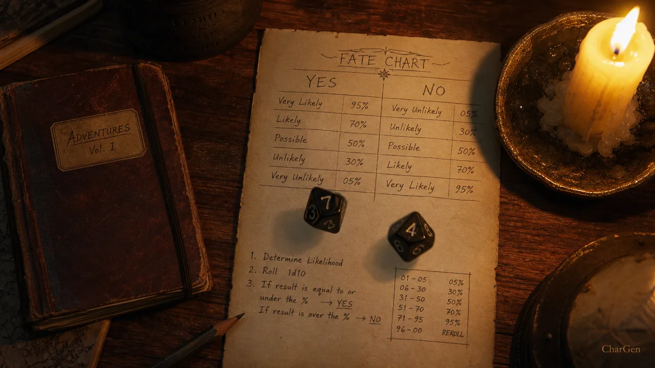 A solo roleplayer's desk showing an oracle method: a handwritten fate chart with yes and no columns, ten-sided dice, a pencil, and a candle