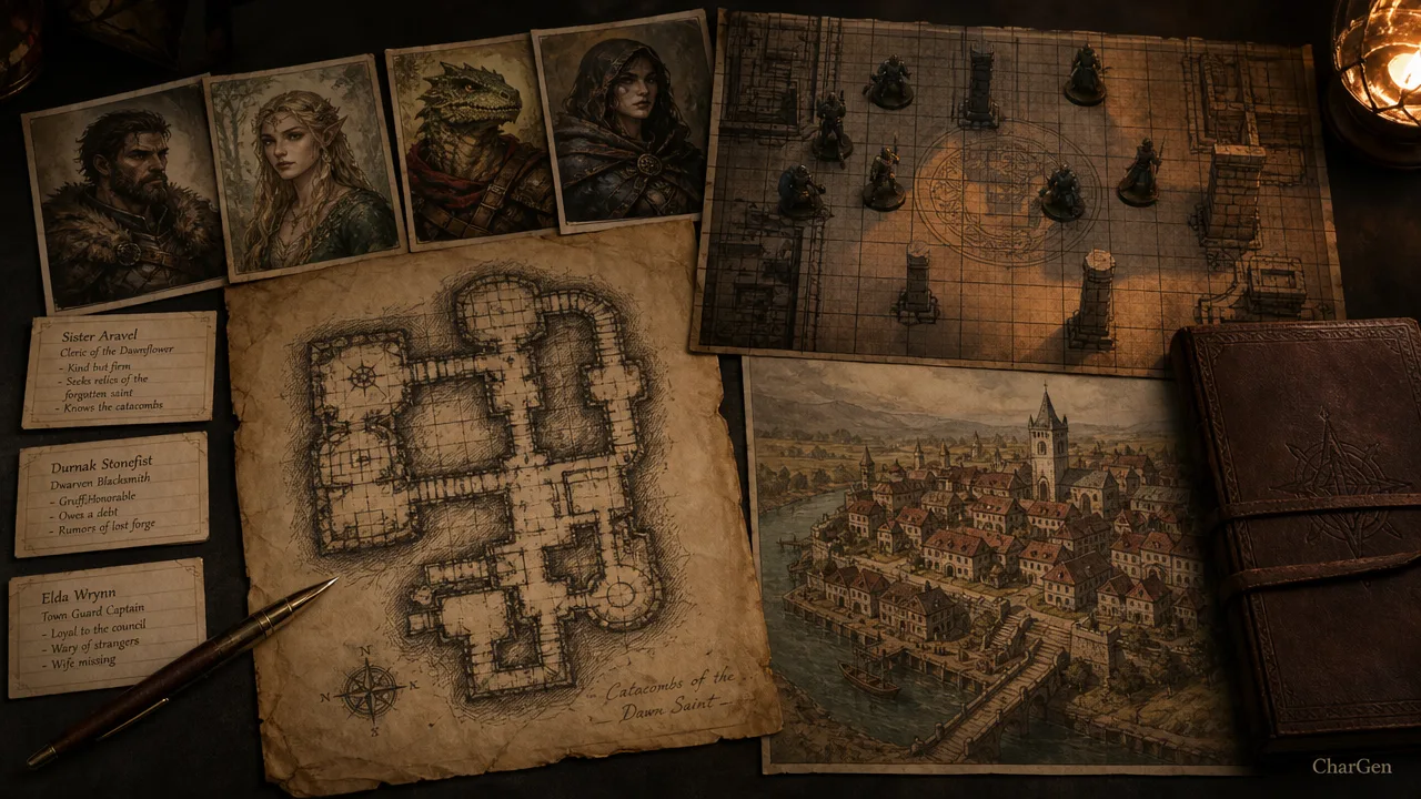 A game master's prep spread: fantasy character portraits, a dungeon map, a gridded battlemap, and a small town, laid out before a session