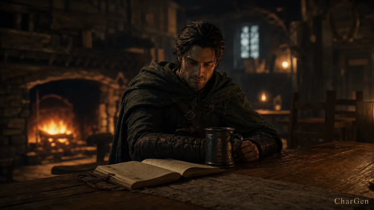 A single cloaked traveller sitting alone at a long table in an empty tavern lit by a hearth fire, journal open