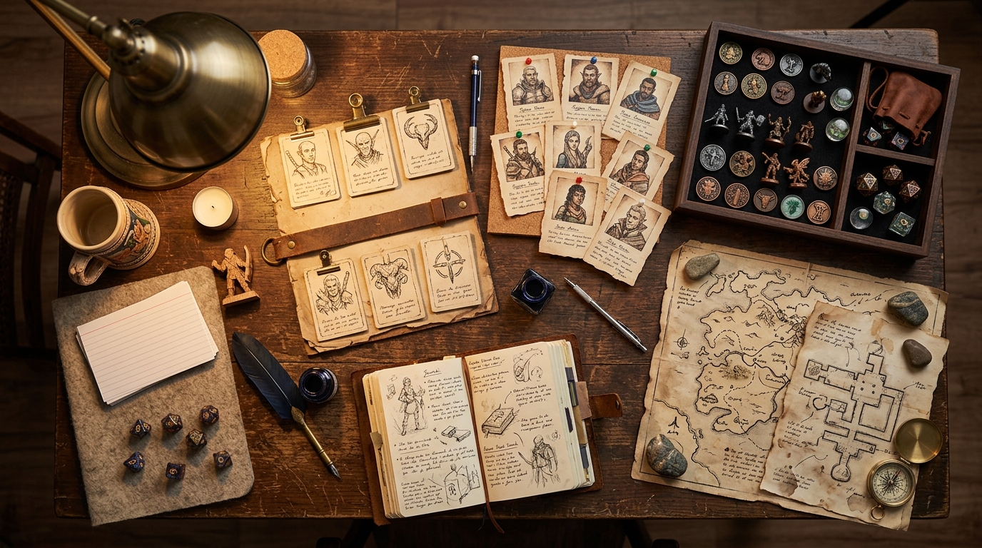 Overhead fantasy prep desk showing recap cards, portrait references, and a token tray