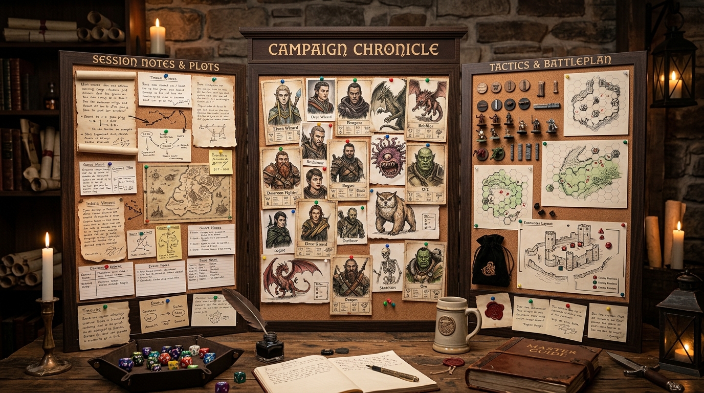 Three-part campaign workflow board with recap notes, NPC portraits, and token planning