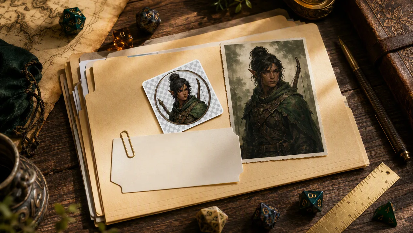 A file preparation checklist showing a square PNG, transparent edges, a clean filename and separate portrait and token files beside D&D dice