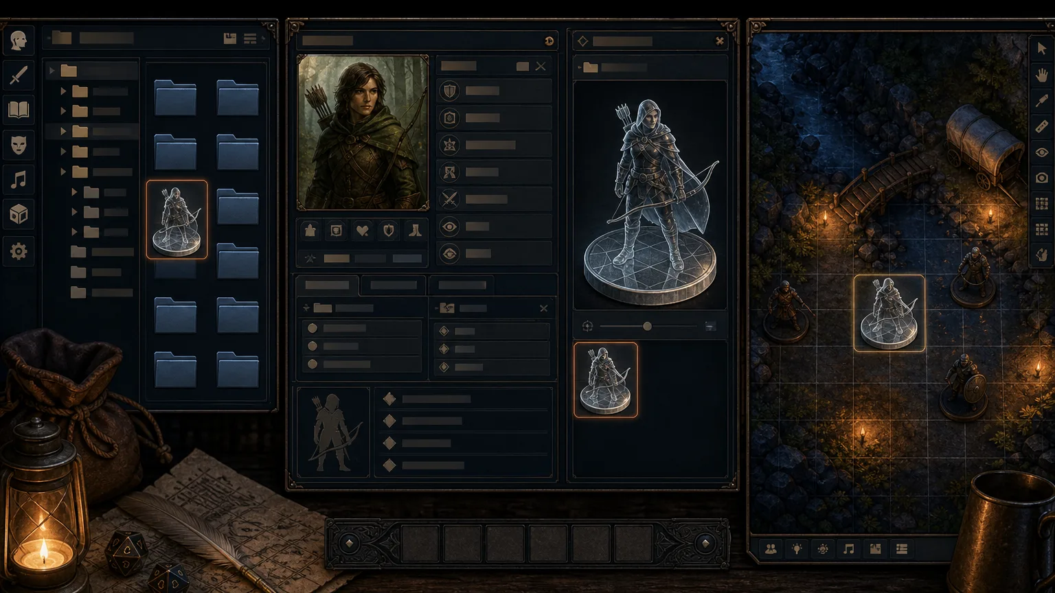 An illustrated Foundry workflow showing the User Data folder, Prototype Token settings, a south-facing portrait and a one-square actor on a scene grid