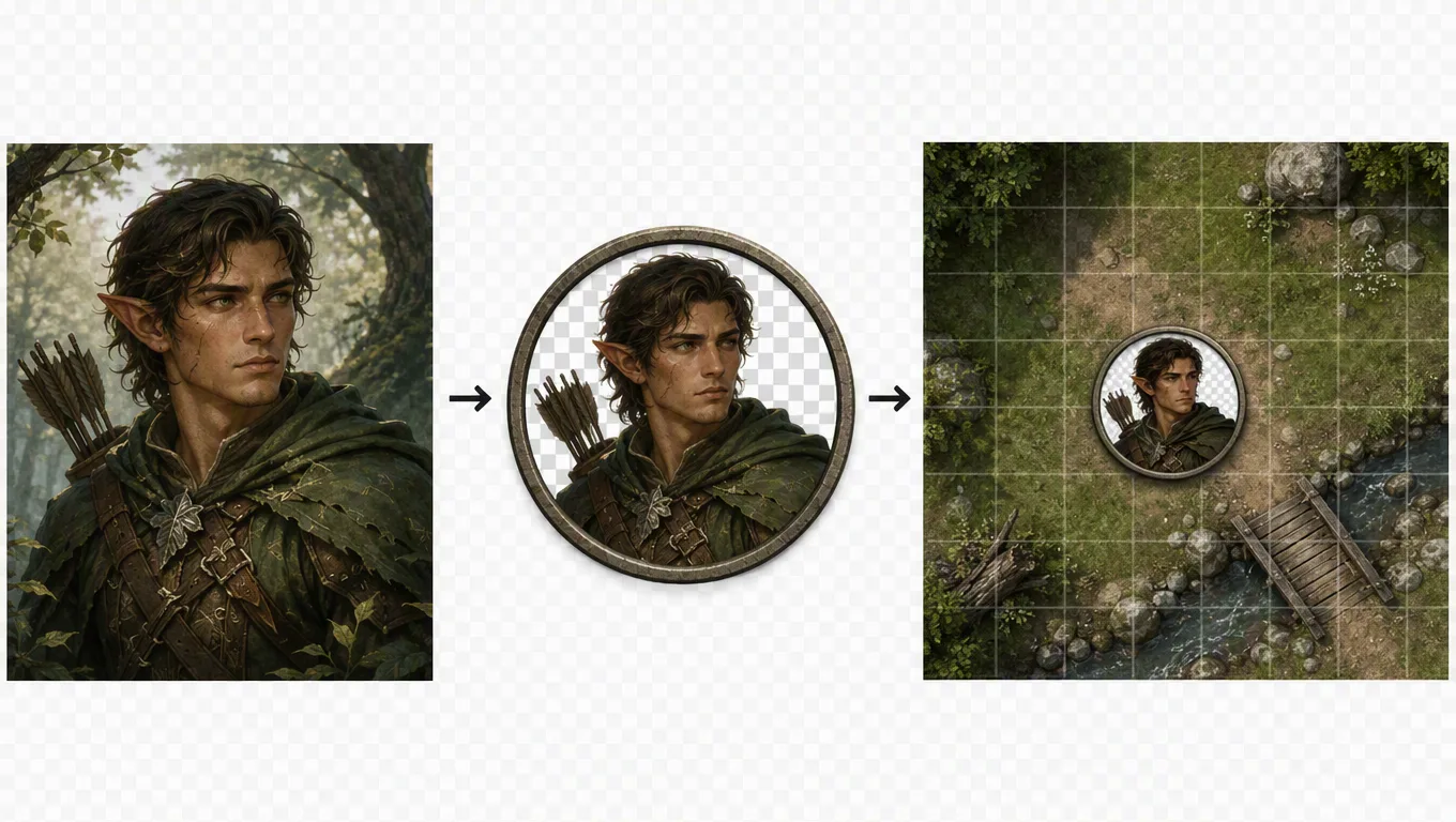 An illustrated AI portrait-to-token workflow with a square source image, crop controls, transparent PNG and a small token on a battlemap
