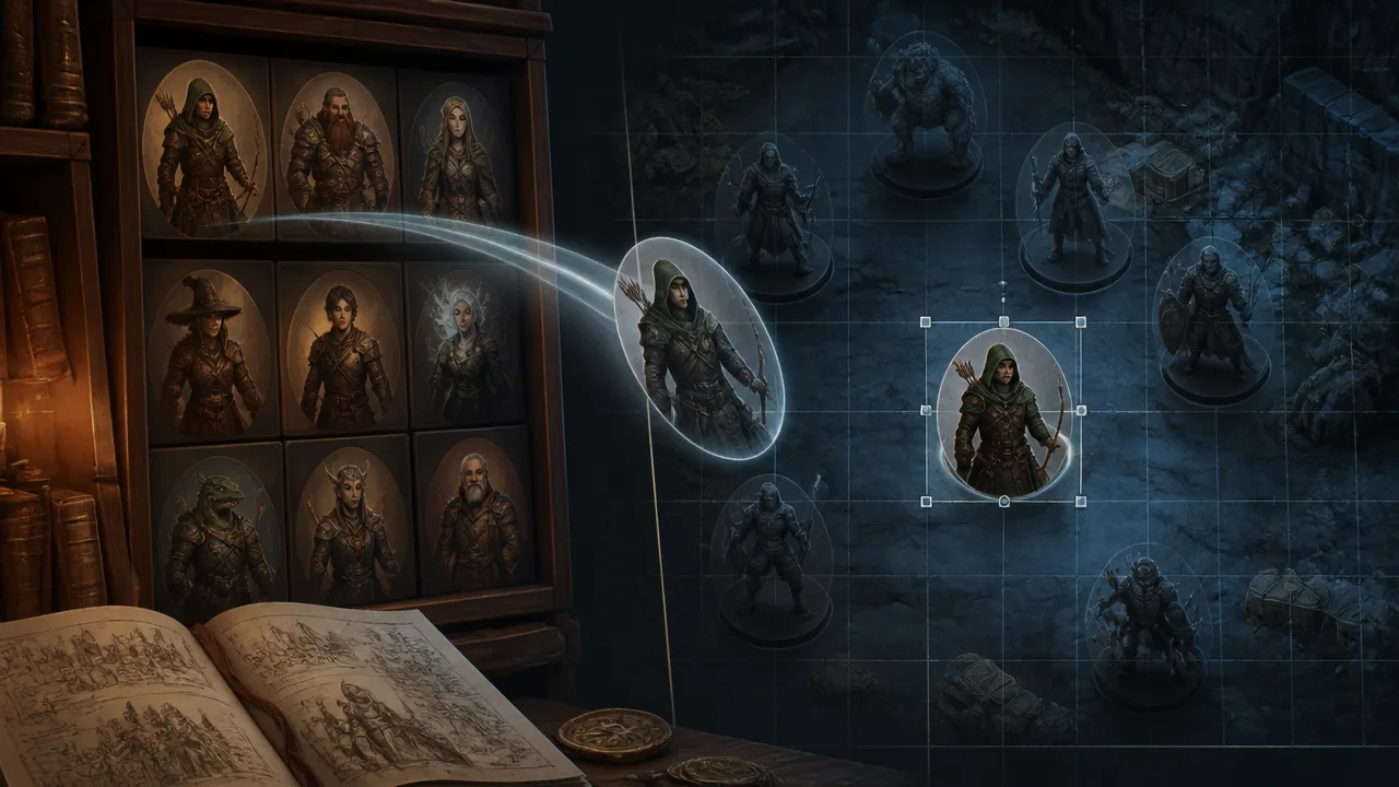 A fantasy token moving from an art library to the Objects and Tokens layer on a virtual tabletop grid