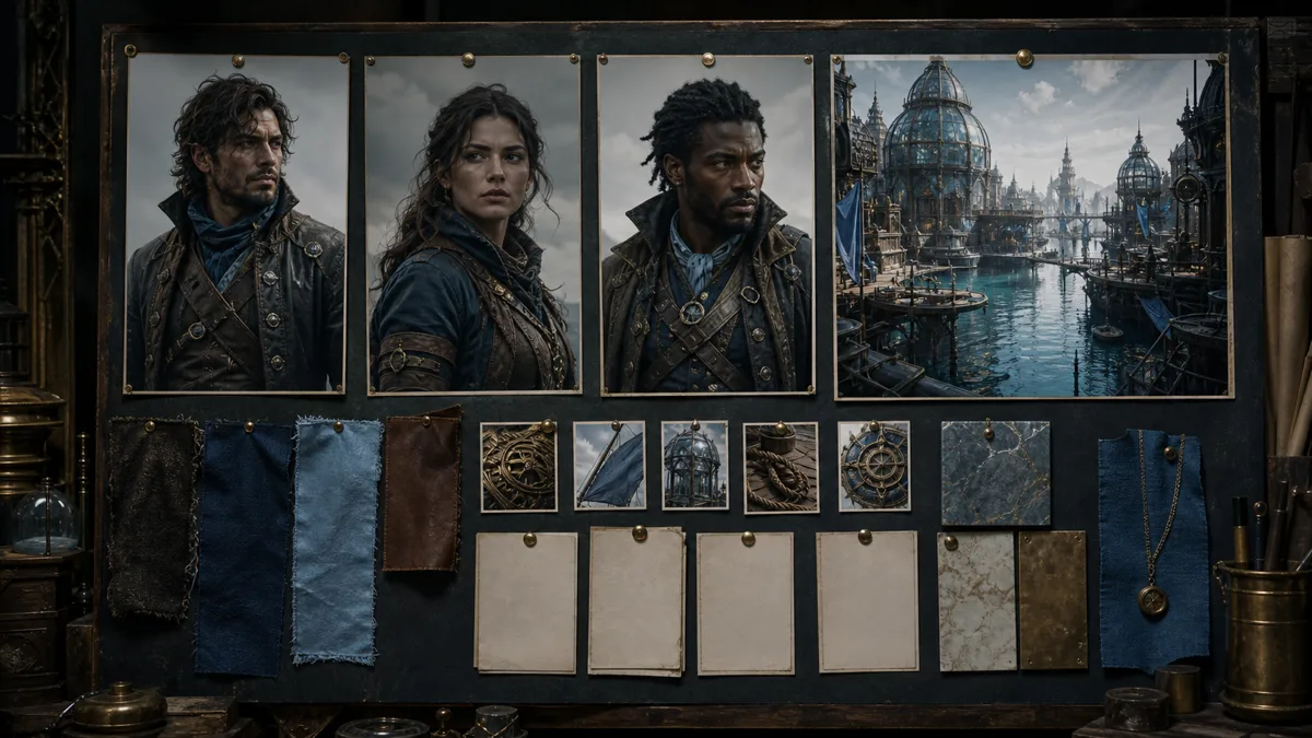 A saved Character Reference board with three consistent adventurer portraits, a fantasy location, material swatches, and blank scene cards