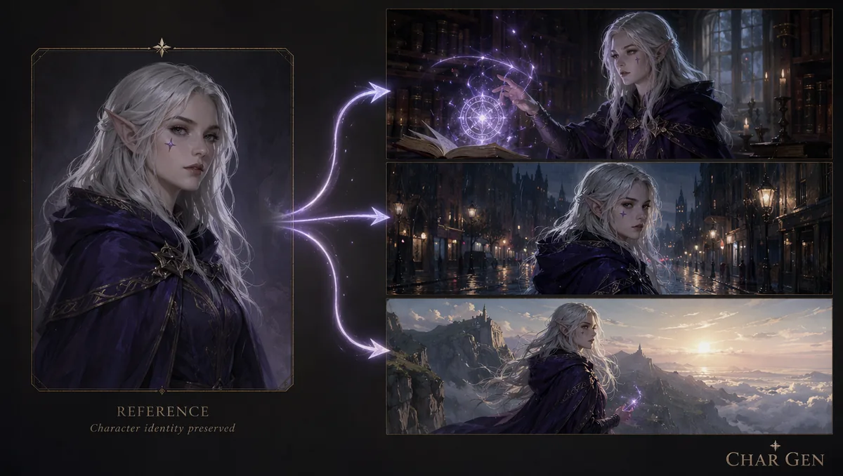 A diagram showing one reference portrait of an elven sorceress feeding into three new consistent scenes, illustrating reference-image conditioning
