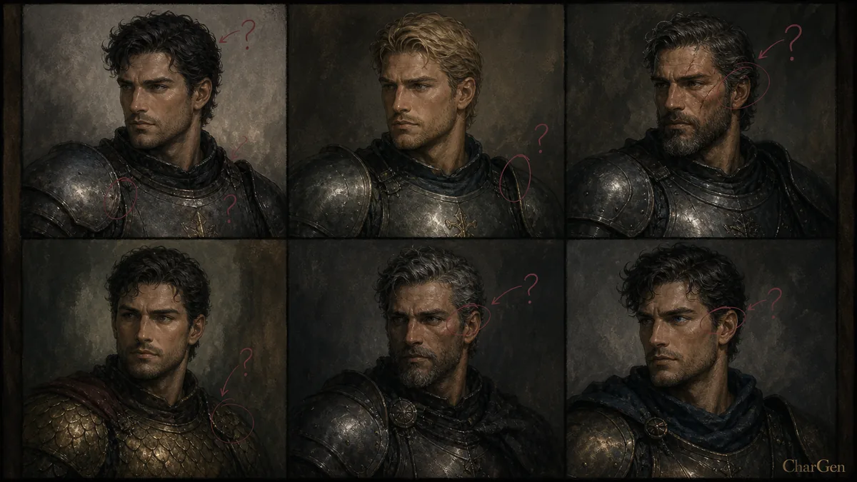 A contact sheet of six portraits of the same knight where the hair colour, age, and armour drift and contradict each other, illustrating AI character inconsistency