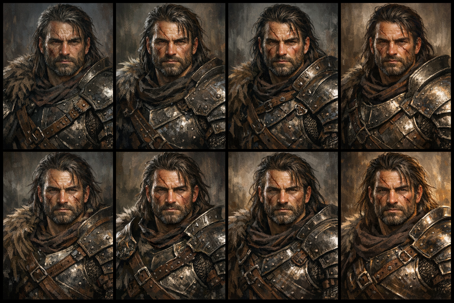 Illustrative fantasy NPC continuity board showing recurring portrait anchors and reroll checkpoints