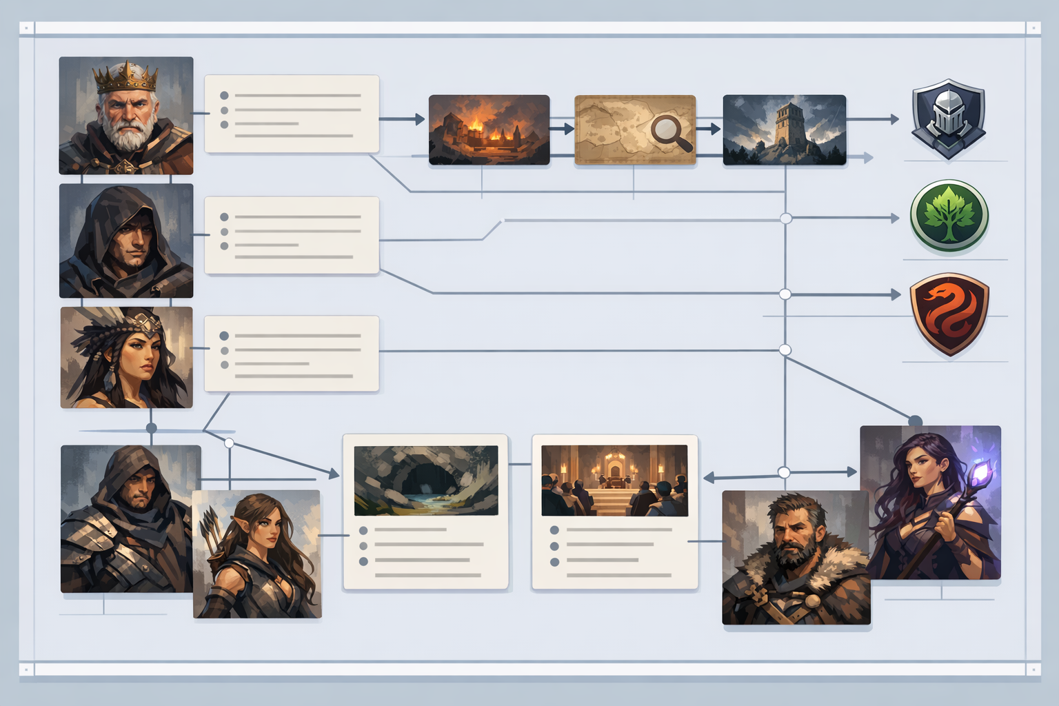 Session timeline cards linked to recurring NPC portraits in a campaign workspace