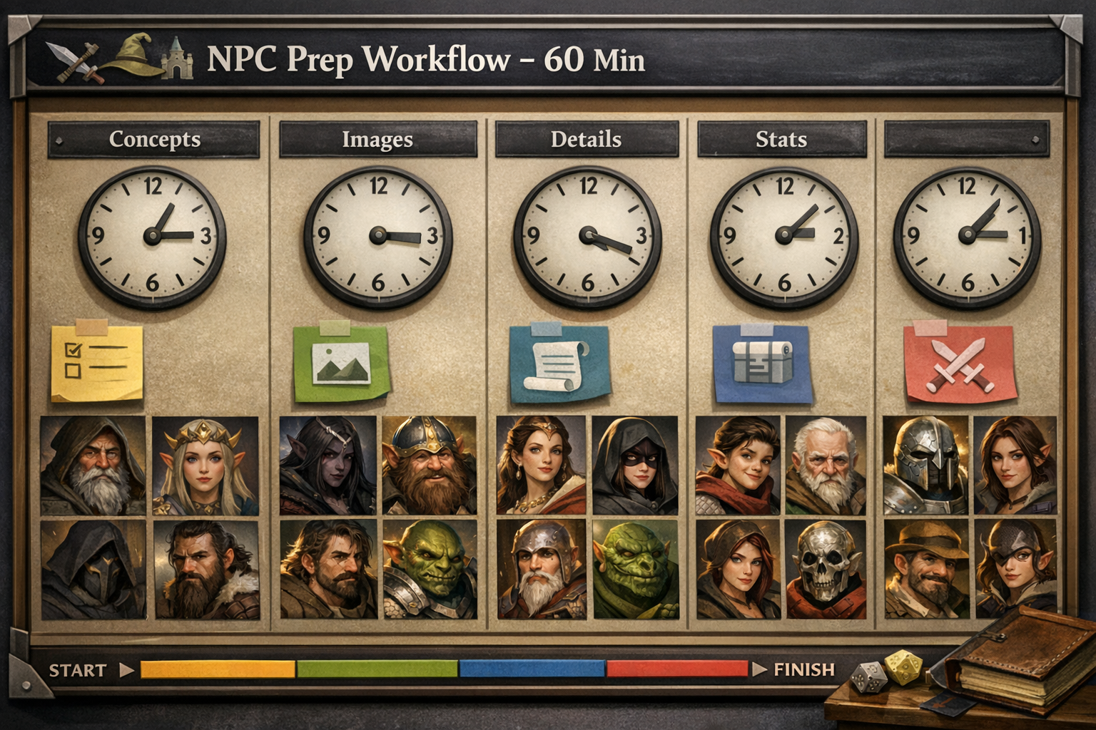 Planning board showing time blocks and grouped NPC prep stages for batch generation