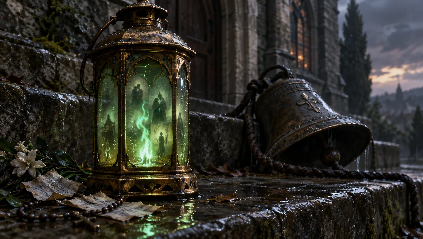 A rare brass lantern with a green flame beside a funeral bell on a wet chapel step
