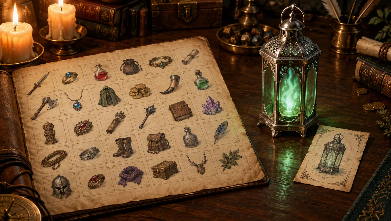 A D&D magic item generator and a random treasure table shown beside one custom lantern