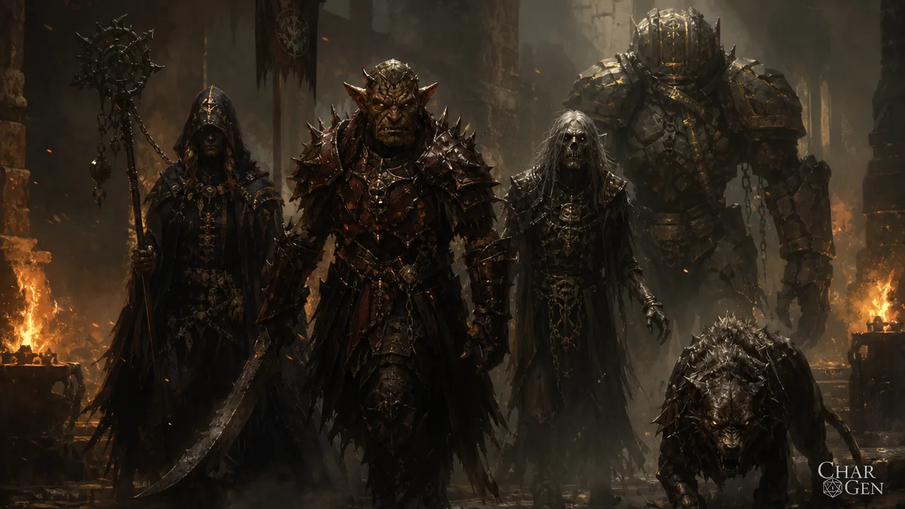 A war-band of humanoid D&D threats, a hobgoblin warlord, a cultist, an undead wight and a construct, with a single beast at the edge
