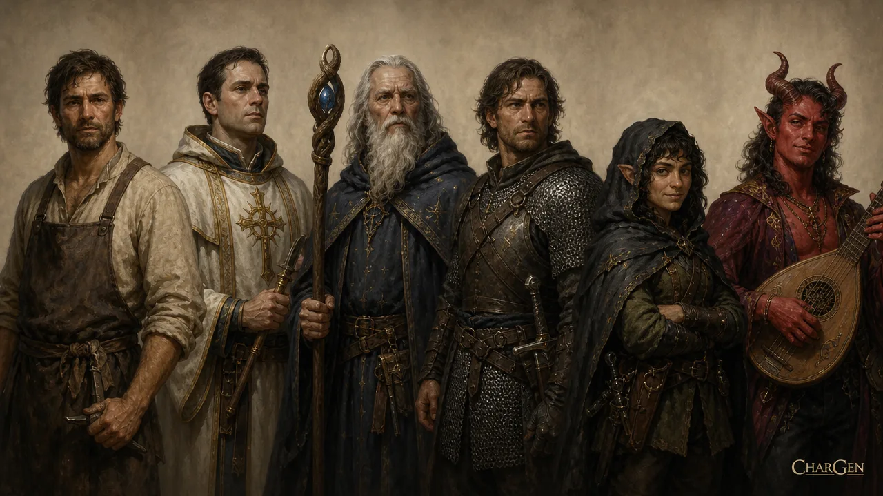 A casting sheet of six fantasy NPCs, a commoner, a cleric, a wizard, a fighter, a halfling rogue and a tiefling bard